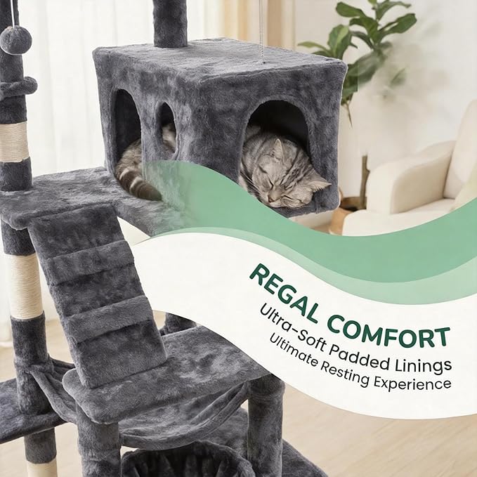 74" Heavy Duty Cat Tree for Indoor Cats, Sturdy Cat Tower for Large Cats Adult, Big Cat Tree with 6 Sisal Scratching Posts, 2 Big Condos, 2 Dual-Ear Hanging Baskets, Enlarged Top Perch, Dark Grey