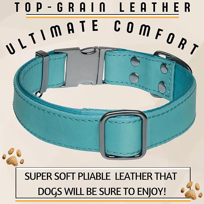 ADITYNA Leather Dog Collar with Metal Buckle - Heavy-Duty, Adjustable for Large & Extra Large Dogs - Walking & Training (Blue, Fits 19-30" Necks)