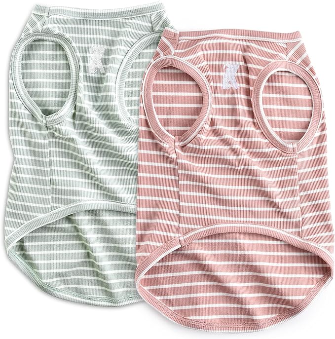 Koneseve Dog Shirt Vest Lightweight Stretchy Dog T-Shirts Soft Cool Sleeveless Stripe Vests Breathable Clothes for Puppy Kitty Cats Small Medium Large Dogs 2 Pack Pink + Green [ M/Medium ]