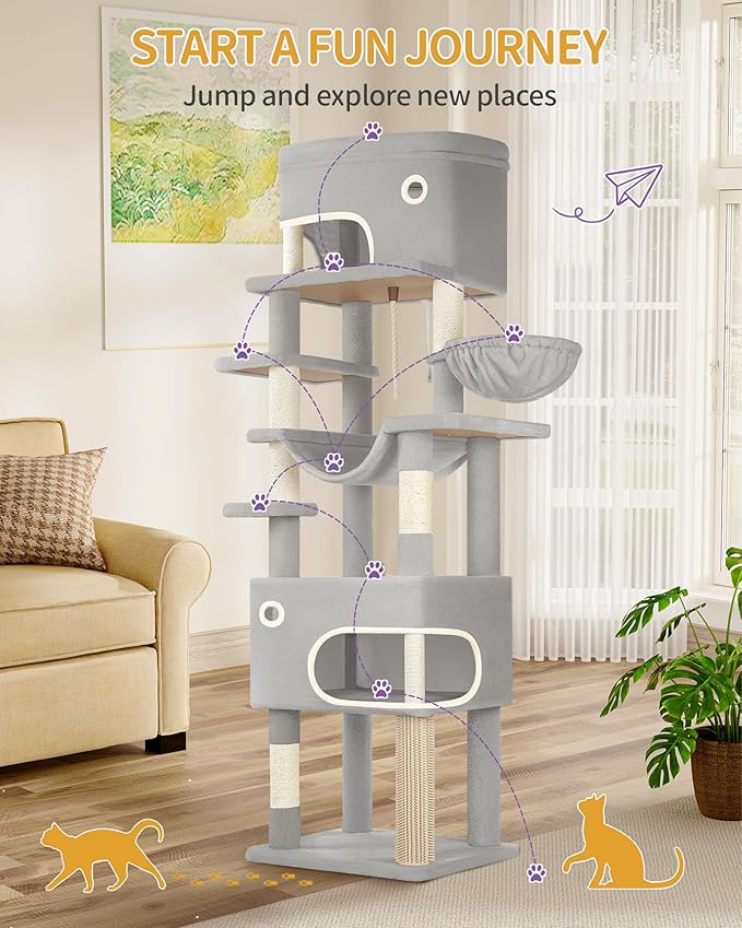 79.9 inch Cat Tree for Indoor Cats, Multi-Layer Scratching Post with Large Platform, 2 Caves, 7 Sisal Posts, Pompoms, Cat Basket, Hammock, Suitable for Cats, Light Grey MS20318LG