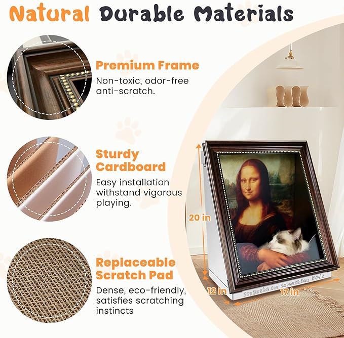 Mona Lisa Cat Bed Painting Cat Scratcher Bed CartBoard Cat House for Indoor Cats Half-Surround Design W/Horizontal Cat Scratcher Scratching Board W/Catnip (Pearl Earrings, Medium - Large)