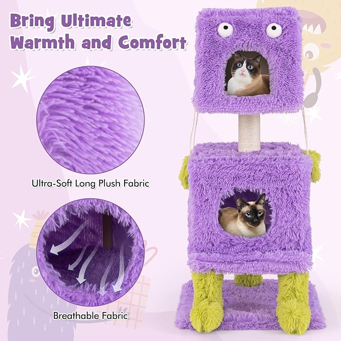 PETSITE 44 inch Monster-Themed Cute Cat Tree, Modern Cat Tree Tower with 2 Cat Condos, Sisal Scratching Post and Hanging Sound-Making Toys for Indoor Cats