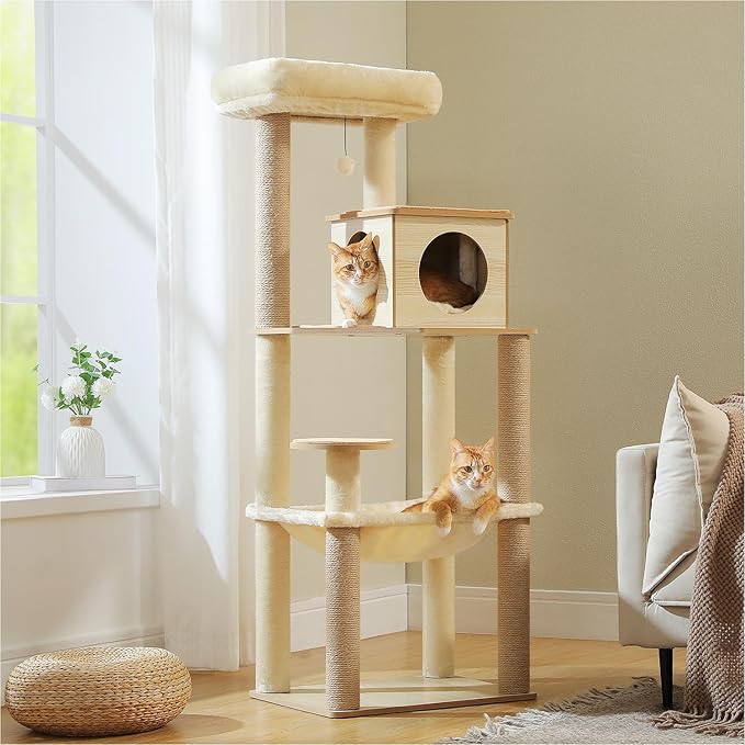 Wooden Cat Tree, 56.3-Inch Modern Cat Tower for Indoor Cats Large Adult, Multi-Level Cat Condo with Large Hammock, Scratching Posts, Washable Removable Cushion & Non-Slip Jump Platforms, Beige