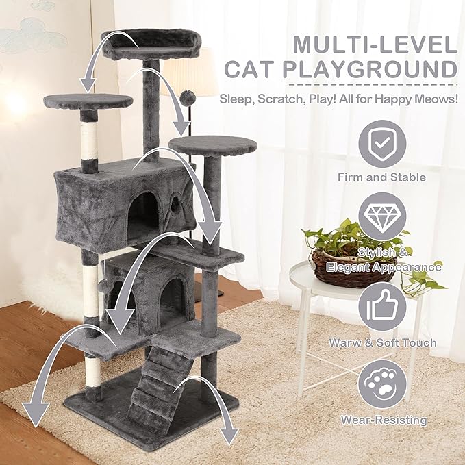 Go Pet Club 54" Tall Multi-Level Cat Tower Furniture with Scratching Post, Toys & House for Indoor Cats