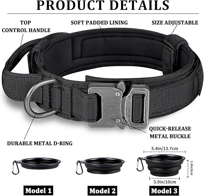 COOYOO Dog Collar,3 Piece Set Tactical Dog Collars, Adjustable Military Training Nylon Dog Collar with Control Handle and Heavy Metal Buckle for Medium and Large Dogs