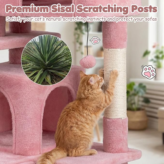 Tangkula Pink Cat Tree Tower, 52 Inch Multi-Level Cat Tower with Sisal Scratching Posts, Cushioned Top Perch, Large Dual Condos & Ladder, 2 Hanging Balls, Jumping Platforms for Indoor Cats (Pink)