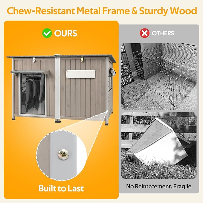 55"L Dog House Outdoor Large Breed Extra XL Wooden Dog House with Weatherproof Asphalt Roof, All-Around Iron Frame, Removable Floor, Openable Top Roof, Air Vents Window, Chew-Proof Frame Gray