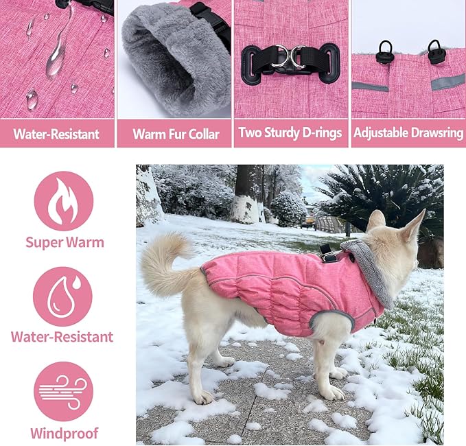 Malier Dog Coat, Reflective Dog Jacket Waterproof Windproof Puppy Cold Weather Coats with Harness Built in, Winter Extra Warm Pet Coat Fleece Vest for Small Large Pets and Puppy(Pink, Medium)