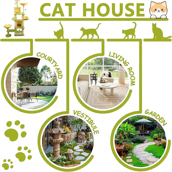 71 inch Flower Cat Tree, Multi-Level Cat Tower with Large Condo Removable Flower Cushion and Hammock, Tall Cat Tree for Indoor Large Cats Climbing, Scratching, and Play (Yellow)