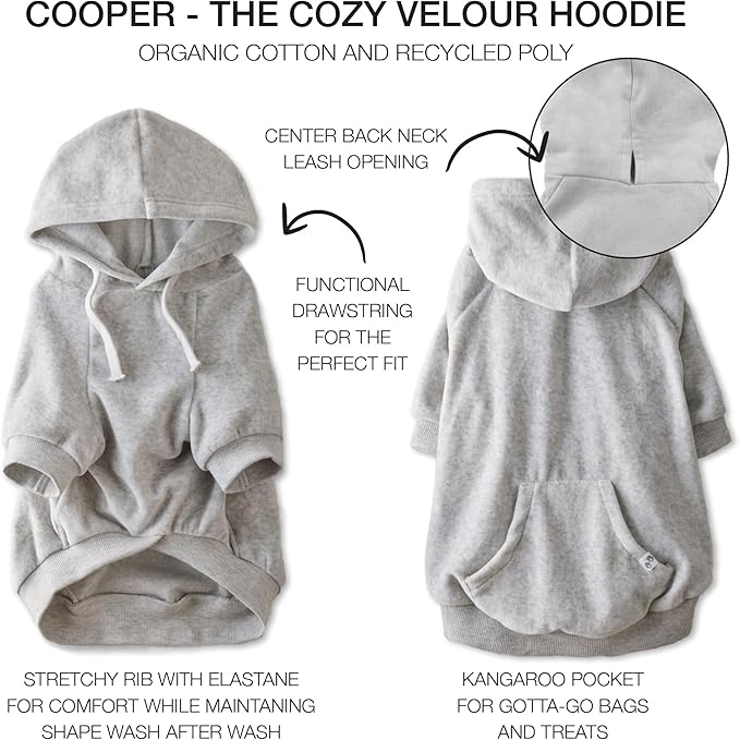 Cooper II Organic Cotton Velour Dog Hoodie Pet Coat for Small, Medium and Large Dogs, Light Heather Gray, Medium