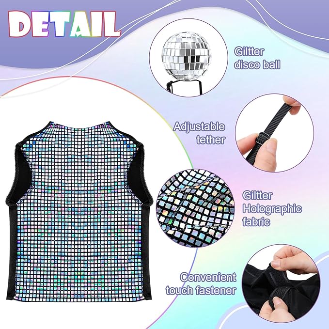 Disco Sequins Dog Costume Set Dog Holographic Shiny Shirt with Disco Ball Headband 80s 70s Party Pet Outfits Glitter Halloween Christmas Cosplay Clothes for Puppy Cat(S)