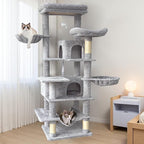 68-Inch Cat Tree Tower for Indoor, Multi-Level Furniture with 2 Hammocks, Cave & Scratching Posts, Plush Condo for Large Cats & Multi-Cat Households (Light Gray-A)