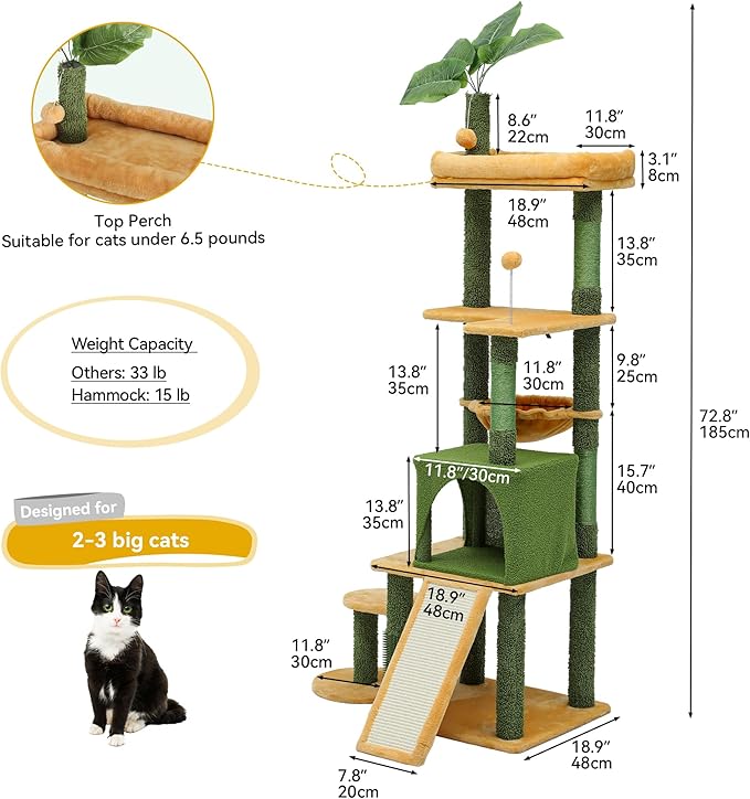 DWVO Cat Tree with Leaves for Large Cats: 72.8" Tall with Self-Grooming Brush, Cute Kitten Climbing Tower for Indoor Kittens with Cat Condo, Top Perch, Basktet, Sisal Scratching Posts, Dangling Ball