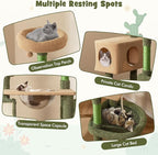 Tangkula Cactus Cat Tree, 59 Inch Tall Cat Tower with Sisal Scratching Posts, Cat Condo, Perch, Space Capsule, Large Bed, Self Groomer, Rope, Ball, Green Cute Cat Tree Tower for Indoor Cats