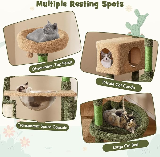 Tangkula Cactus Cat Tree, 59 Inch Tall Cat Tower with Sisal Scratching Posts, Cat Condo, Perch, Space Capsule, Large Bed, Self Groomer, Rope, Ball, Green Cute Cat Tree Tower for Indoor Cats