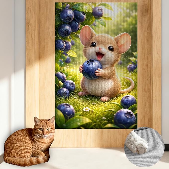 Nuxovilar Cat Scratch Pad 15.3x23.6 Inches Polyester Synthetic Fiber, Cute Mouse & Blueberries Print, wall cat Scratcher, Scratching mat, Home Decor, Kitchen, Pantry (2pcs)