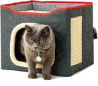 Cat Houses for Indoor Cat, Large 2-Sided Reversible Cushion Cat Condo with Safety Strap, Foldable Cat Hideway with Sisal Scratch Pad, All Seasons Pet Bed for Multi Cats,Dark Grey
