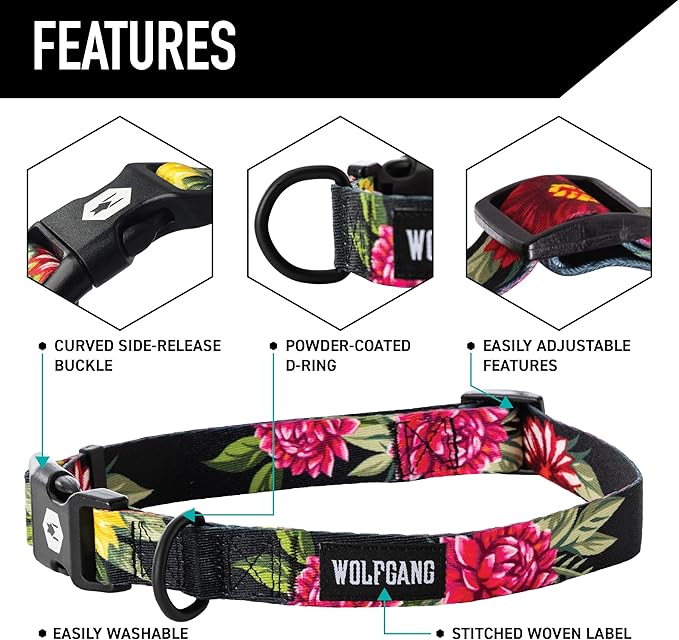 Wolfgang Heavy Duty, Adjustable Dog Collar with Quick Release Nylon Buckle for Walking & Training, DarkFloral Print, Small