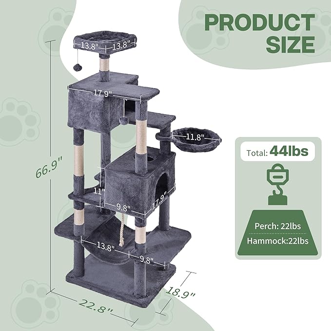 Simple Deluxe 66In Cat Tree for Indoor Cats, 6-Level Cat Tower with Sisal Scratching Posts, Enclosed Cat Condo & Hammock, Space-Saving Corner Design, Stable Wide Base for Multiple Kittens, Dark Gray
