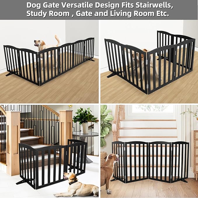 Freestanding Dog Gate Indoor,Doggie Gate Foldable Pet Gates for Doorways,Stairs or Hallways, Wooden Black Pet Gate for the House, Pet Fence with Support Feet Included,24 "Height-6 Panels