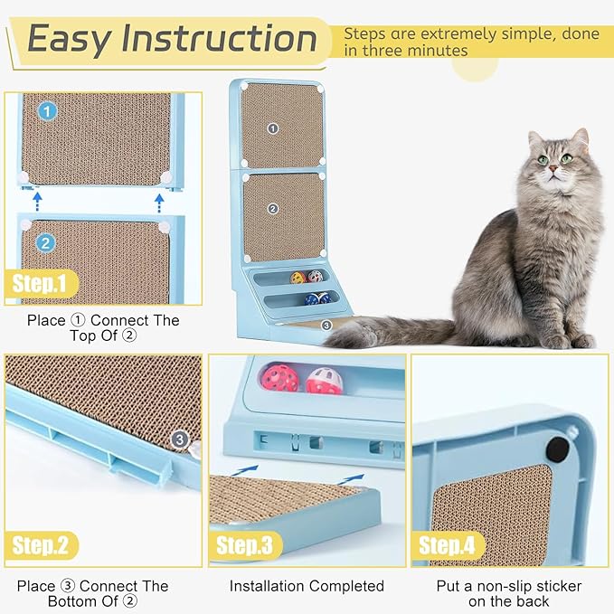 Cat Scratcher Cat Scratch Pad L Shape Wall Mounted Dual Use (Vert/Horiz) Kitten Bunifa Scratching Card Board Vertical Post with Ball Toys Feathers,Protecting Furniture Core is Replaceable Large Blue