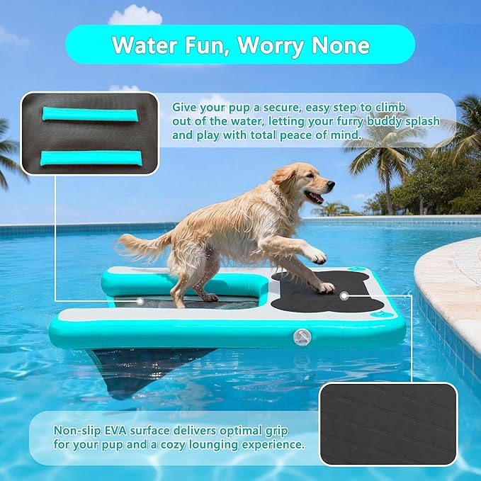 VOFiTNY Dog Pool Ramp 4.6ft x 3.3ft x 4in Inflatable Puppy Water Raft Plank Portable Pup Mat Floating Doggy Floats Ladder Boat Lake Cyan