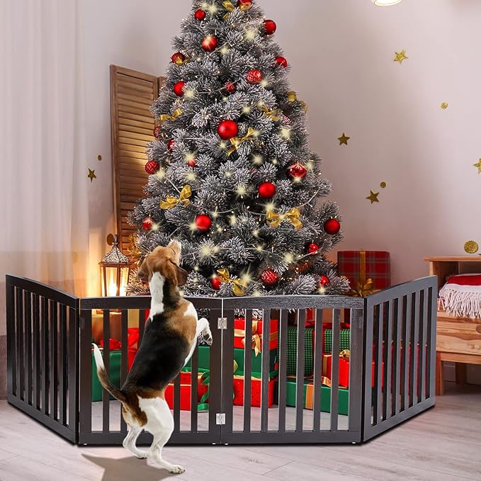 ZENY Freestanding Pet Gate for Dogs - 4 Panels Indoor Foldable Dog Fence for Stairs, Hallways, or Doorways - 82x24-Inch Freestanding Dog Gates, Brown