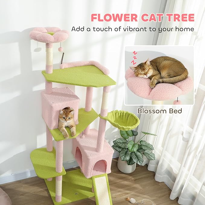 PawHut Flower Cat Tree, 74" Large Cat Tower for Indoor Kittens with 2 Spacious Condos, Sisal Scratching Posts, 2 Hanging Balls, Perches, Ramp, Bed, Pink
