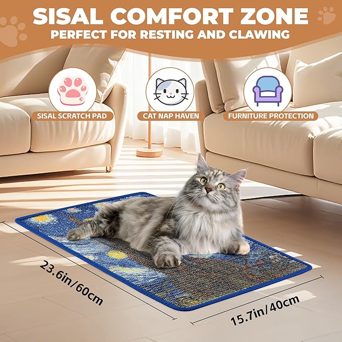 Sisal Cat Scratcher Mat, Cat Wall Scratcher for Indoor Cats, 23.6x15.7 Inch Cat Scratch Pad with Hook & Loop, Wall Mounted Cat Scratching Post to Protect Couch and Carpet（Starry Night 2）