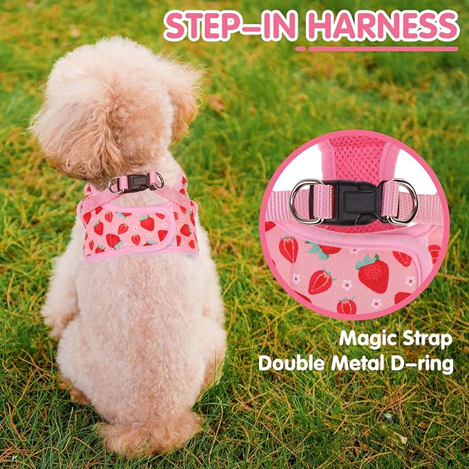 PUPTECK Dog Harness for Puppy and Small Sized Dogs, Step-in No Pull Soft Mesh Vest Harness for Cats Small Pets Walking, Pink Strawberry, New XS