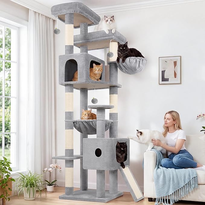 Globlazer 80 Inch Cat Tree for Large Cats, Stable Multi-Level Cat Tree with 2 Condos & Sisal Scratching Posts for 2-3 Cats, Thickened Base Space Saving Cat Tree Tower, F80G, Light Gray