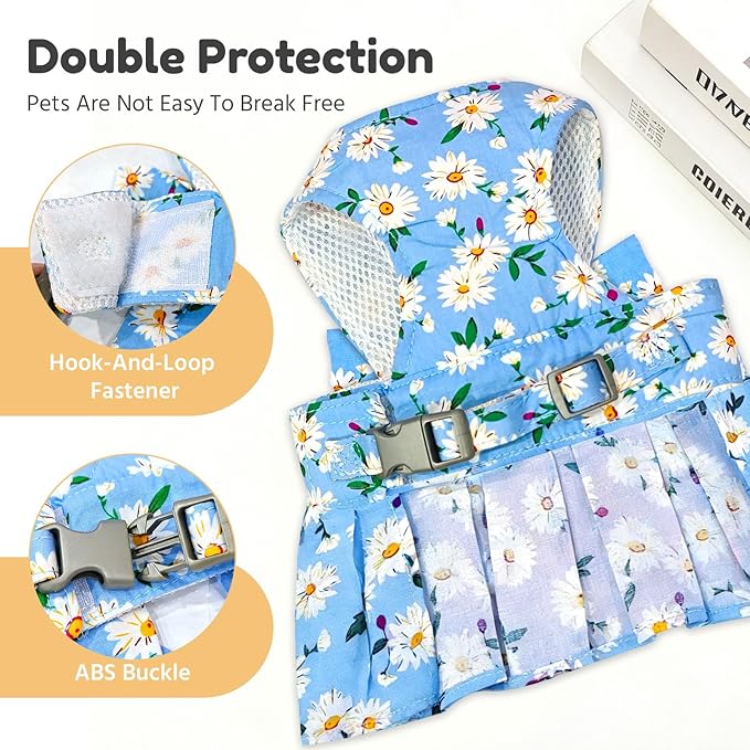 BAEJMJK Dog Dress Bowknot Harness Leash Set for Small Dogs Cats Daisy Floral Girl Dog Dresses Cute Puppy Princess Clothes Pet Doggy Outfits Spring Summer Breathable Dresses(Blue,X-Small)
