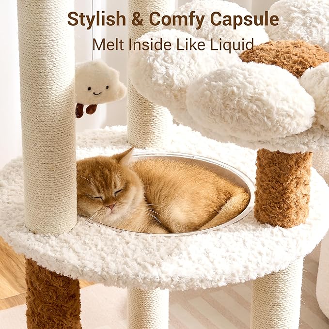 Modern Cat Tree Tower with Scratching Post for Indoor Cats Up tp 15lbs, 50.5" Tall Cat Tree with Flower/Fluffy Cat Beds, Acrylic Capsule, Multi-Level Platforms & Interactive Toy, White & Brown
