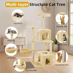 Cat Tree 54-Inch Cat Tower with Padded Plush Perch 2 Comfy Caves, Scratching Posts, Basket, 2 Pompoms, Multi-Level Plush Cat Condo for Indoor Cats Kittens, Beige