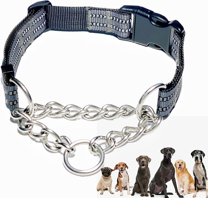 Martingale Collars for Dogs, Heavy Duty Stainless Steel Chain Training Collar, Reflective Nylon Adjustable Collar with Quick Release Buckle, Suitable for Puppy Medium Large Dogs (Gray, XS)