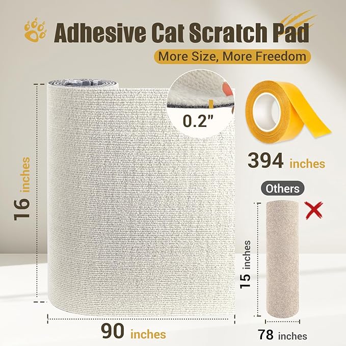 Cat Scratch Couch Furniture Protector, 90" x 16" Trimmable Anti-Scratch Couch Protector from Cat Claws with Double Self-Adhesive Carpet, Great for Sofa & Indoor Wooden Furniture (White)