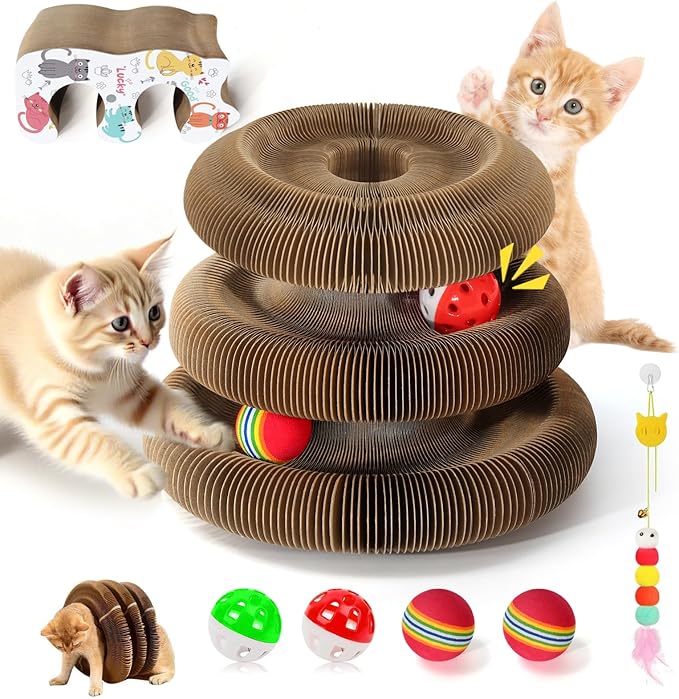 2 PCS Magic Organ Cat Scratcher Board with 6 Balls, Foldable Recyclable Accordion Cats Toy with Ball and Track Adventure, Cat Scratching Pad, Retractable Reversible Furniture Protector(Brown)