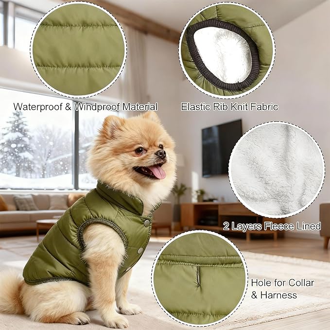 Dog Jacket Waterproof Fleece Dogs Vest Large Dog Coats for Winter Cold Weather Warm Dogs Puffer Jacket Puppy Coat Green Pet Jackets Cat Coats M