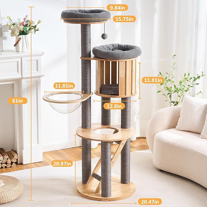HITTITE Solid Wood Cat Tree Tower with Scratching Post, 61 Inches Tall Cat Towers with Capsule and Condo, Modern Cat Tower with Climbing Ladder and Removable Top Bed for Indoor Cats.Grey