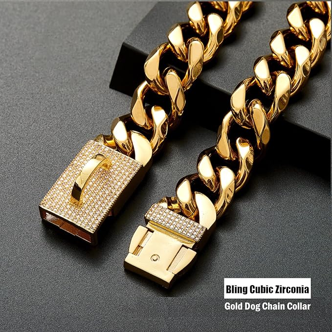 New Gold Dog Chain Collar with Bling Zircon Buckle,19MM Strong Stainless Steel Cuban Link Chain Collar,Dog Necklace Collar for Small Medium,Large Dogs