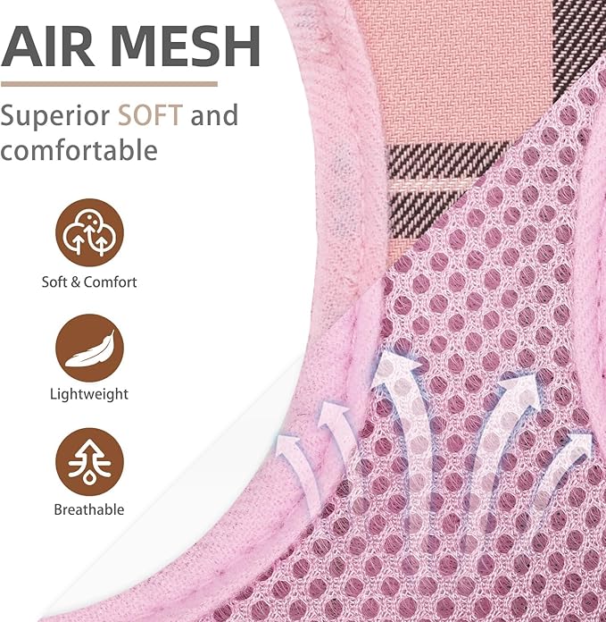 PUPTECK Soft Mesh Dog Harness and Leash Set Step-in Plaid Puppy Padded No Pull Vest Harness for XS Small Medium Sized Dogs Cats Outdoor Walking, Pink M