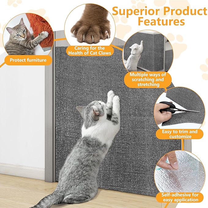 Cat Scratch Pad for Wall,Cuttable and Adhesive Cat Scratching Mat,Fun Interactive Scratcher,Cat Scratch Furniture Protector (Light Gray,78.7×15.8inch)