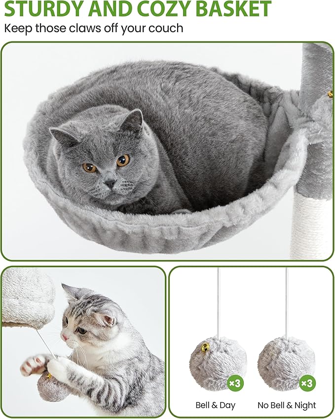 Cat Tree Tower for Indoor Cats, 67 inch Multi-Level Tall Climbing Tower with 3 Large Platform, Scratching Post, Hammock, Kitty Condo for Multiple Cats, Modern Cat Tree Furniture Heavy Duty, Light Grey