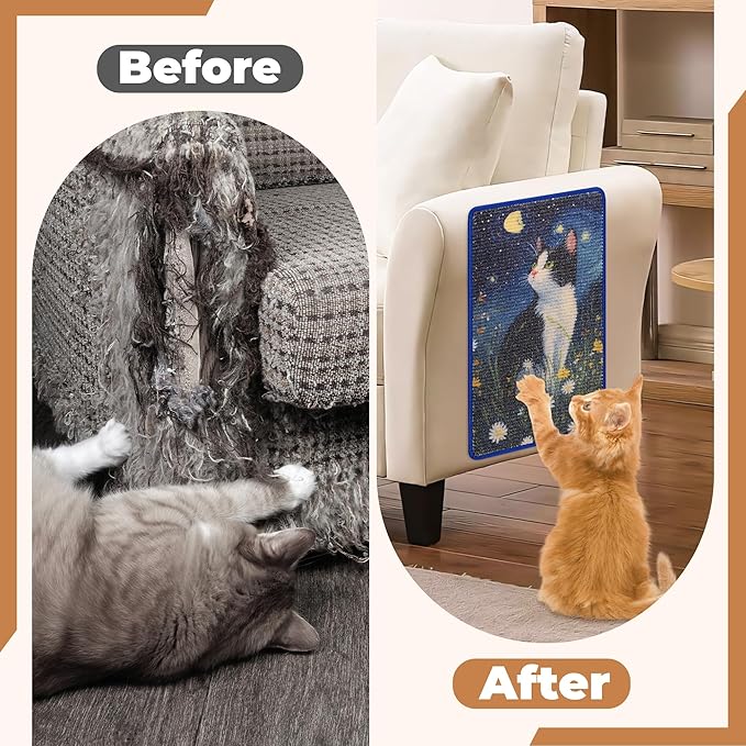 Sisal Cat Scratcher Mat, Cat Wall Scratcher for Indoor Cats, 23.6x15.7 Inch Cat Scratch Pad with Hook & Loop, Wall Mounted Cat Scratching Post to Protect Couch and Carpet（Starry Cat）