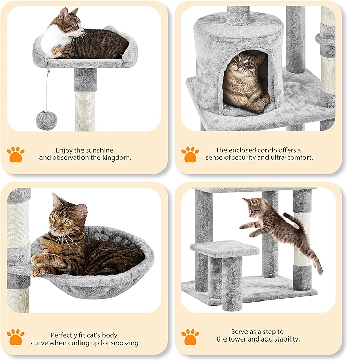 Topeakmart Cat Tree 57in, Multi Level Cat Tower with Basket & Condo & Scratching Post & Padded Perch & Extended Platform & Fur Ball Cat Furniture