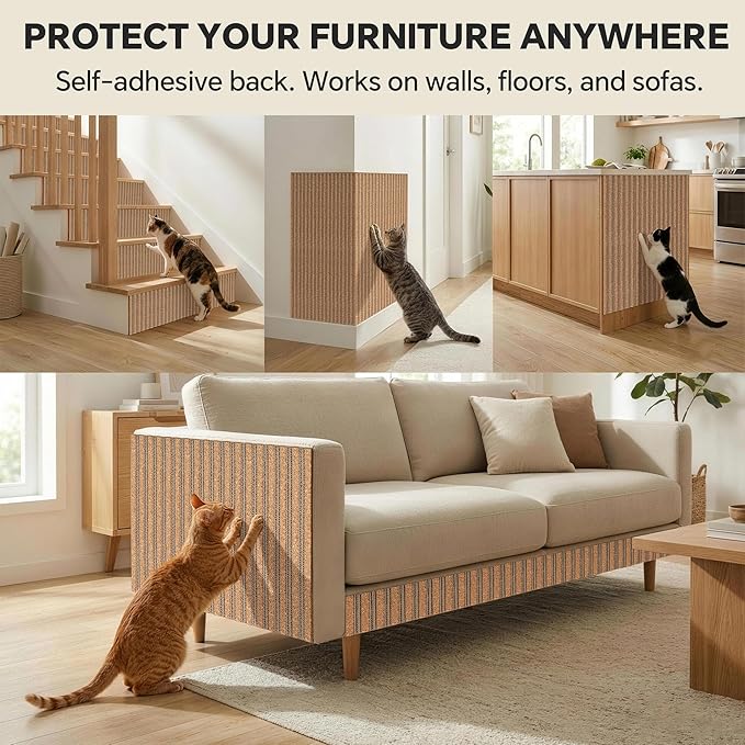 Self-Adhesive Cork Cat Scratcher Mat, 40x12 Inch Cut to Size, Long-Lasting Durable Cat Scratching Pad for Couch, Natural Furniture Protector for Indoor Cats