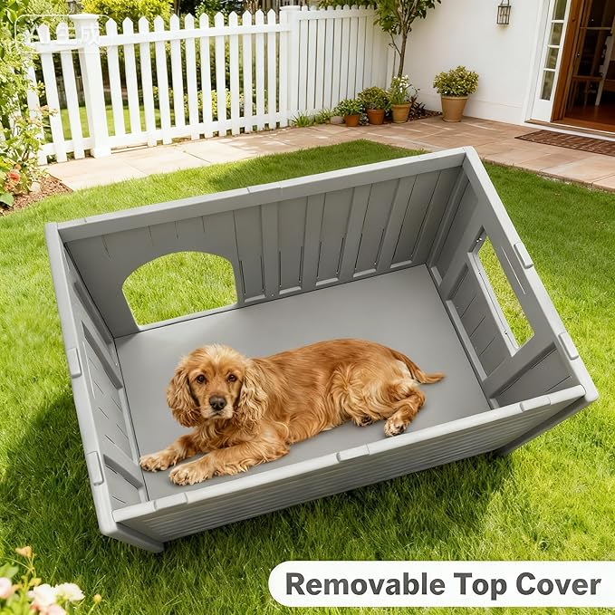 Plastic Insulated Dog House with Mat Weatherproof for Elevated Dog Shelter, Easy Assemble, Expansive Interior‌ Grey 26.7" D * 26.7" W * 21.4" H