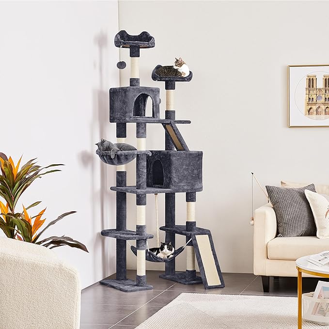 Topeakmart Cat Tree, 82.5in Climbing Tower with 2 Kitten-Ear-Style Top Perches, Hammock, Basket, Scratching Posts, Multilevel Pet Furniture Activity Center for Indoor Felines, Dark Gray