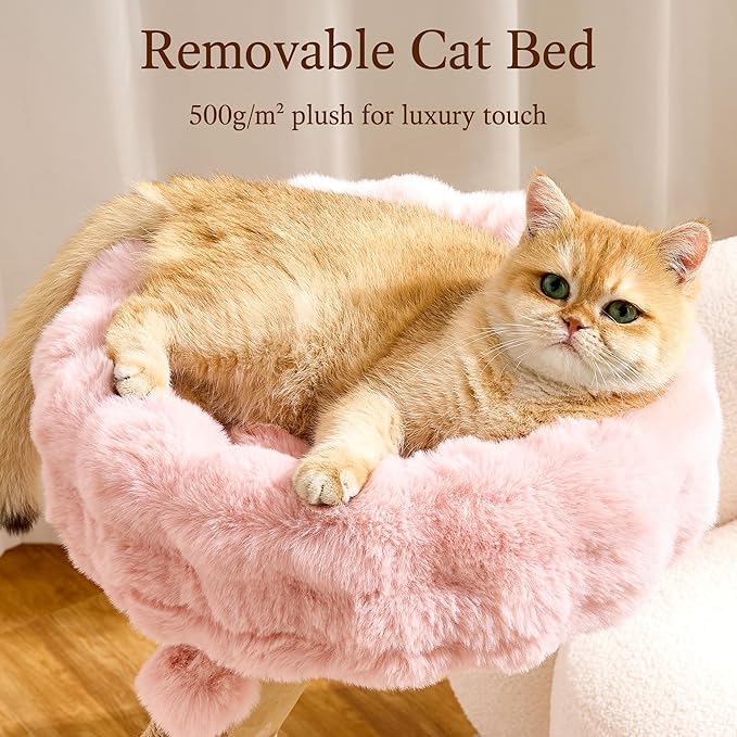 HITTITE Natural Solid Wood Cat Tree Tower with Scratching Post, 32 Inches Tall Modern Cat Tower with Cozy Bed and Platforms, Luxury Real Branch Cat Tree for Indoor Cats Large Adult, Pink.