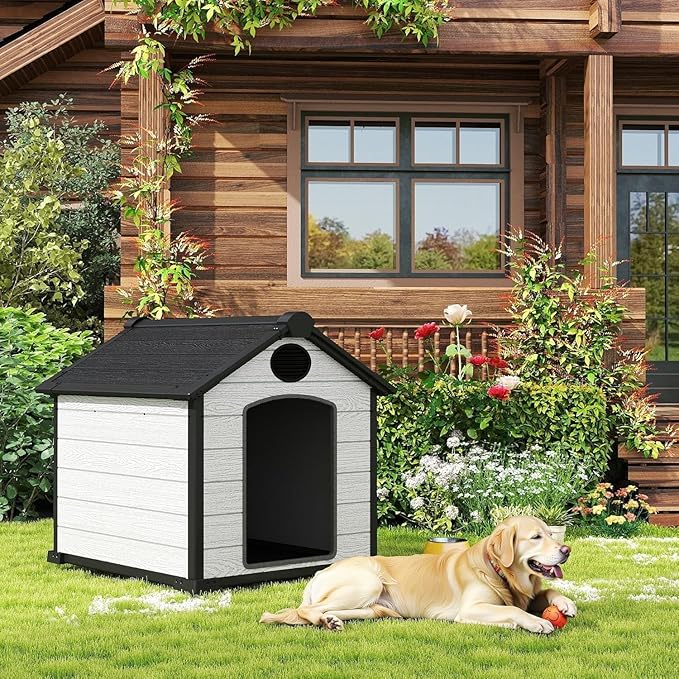 Indoor Outdoor Dog House Weatherproof for Small Medium Dogs, Resin Plastic Pet House with Flip Lid and Elevated Floor, Easy Assembly (45" Large Dog House)
